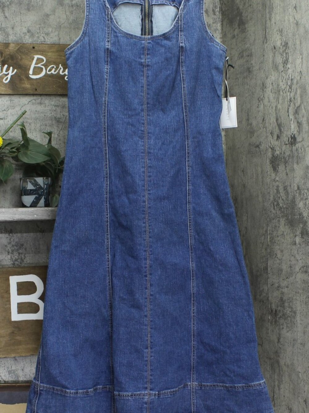 1. State Blue 1 State Scoop Neck Sleeveless Denim Fit Flare Midi S Sz S